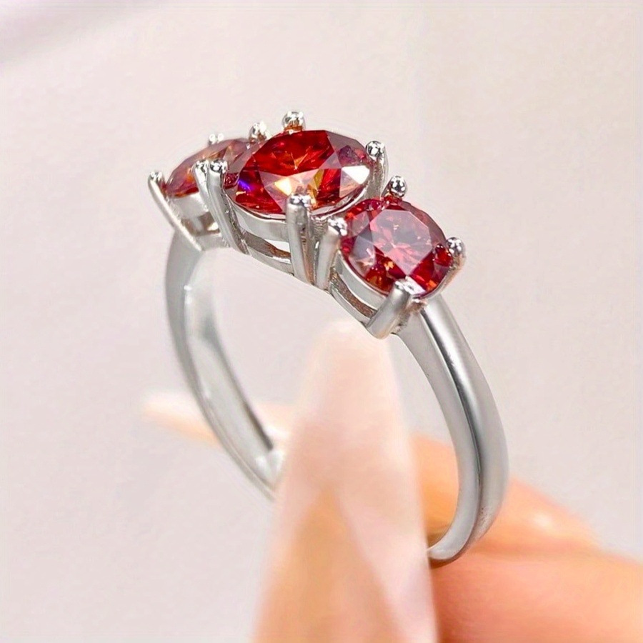 Women's 925 Silver Stylish Three Seven-Color Red Moissanite Ring